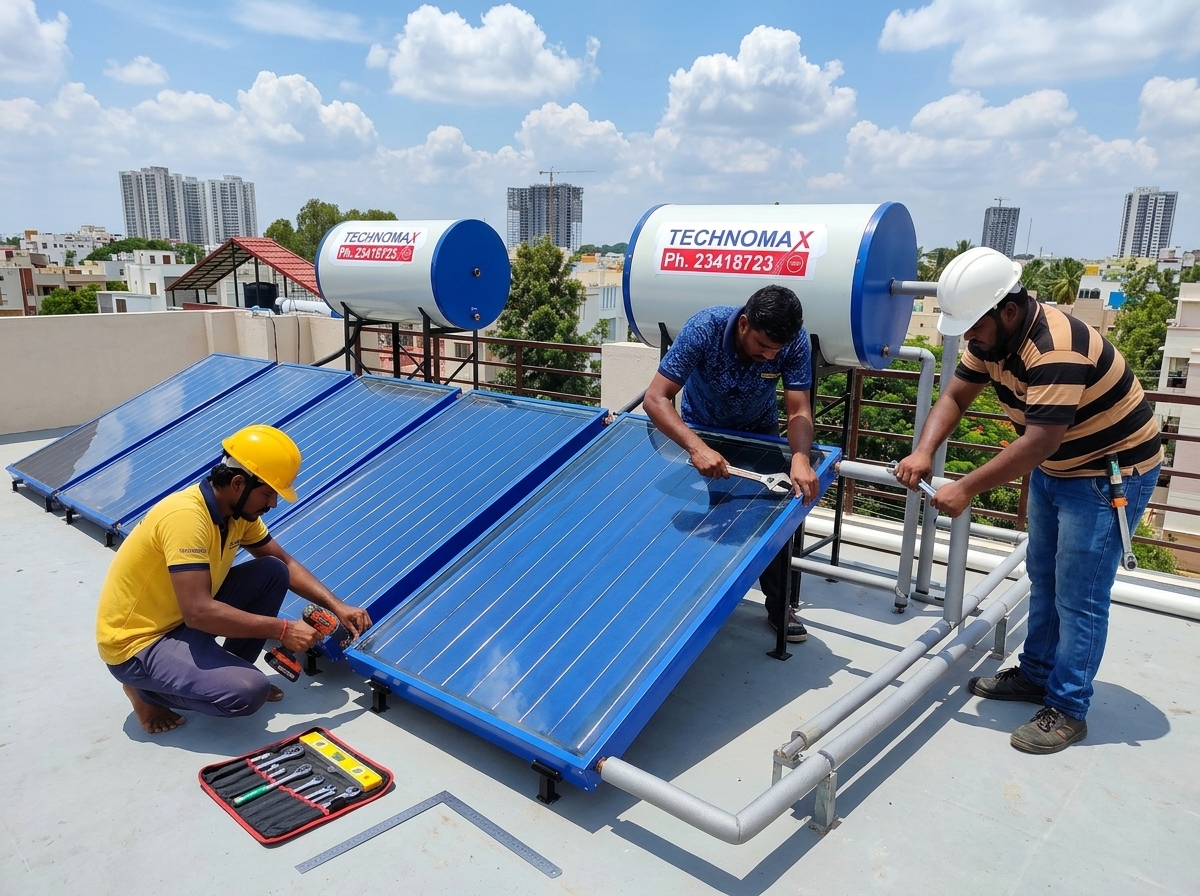 Technicians Installing Multi-Panel Solar Water Heating System