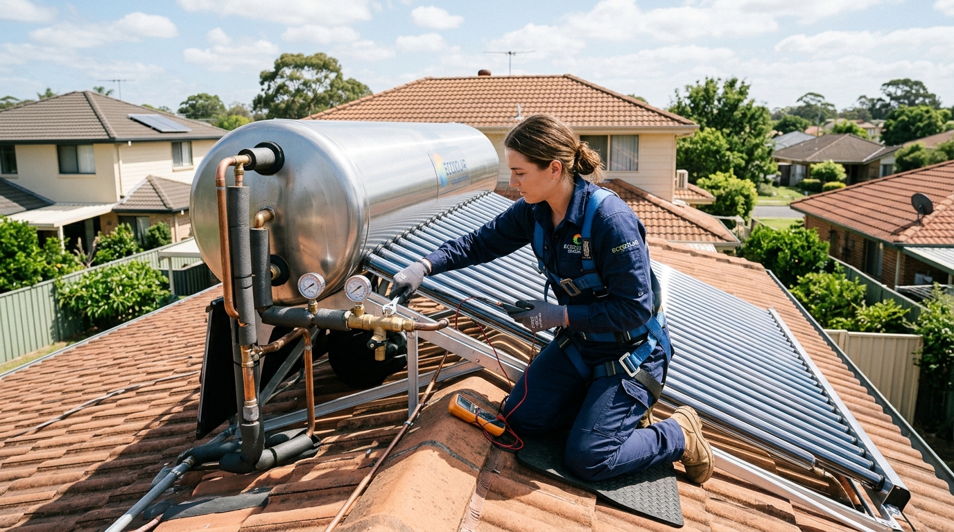 Technician inspecting solar water heater system